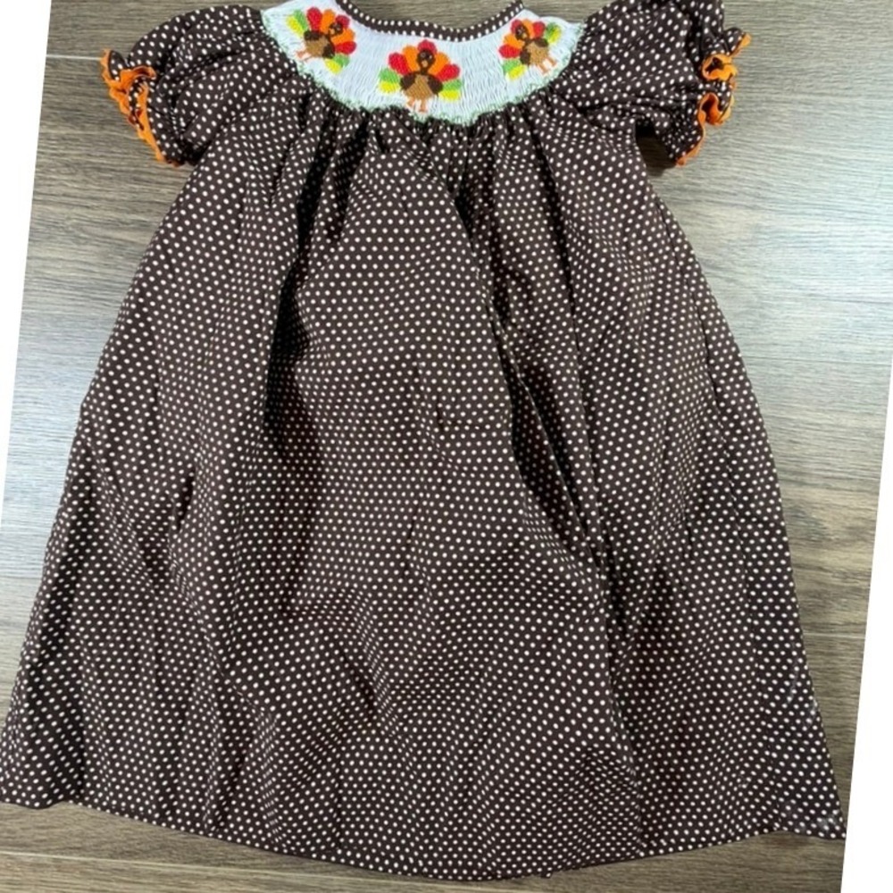 Orient Express Kids Brown Polka Dot Smocked Turkey Thanksgiving Dress 2T Preppy